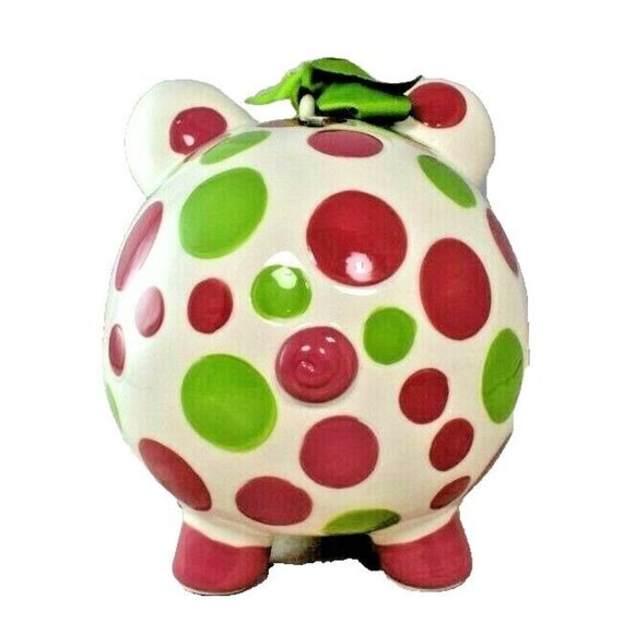 Burton + Burton Girls Pink and Green Polka Dot Piggy Bank with Bow Still Coin - Picture 5 of 6
